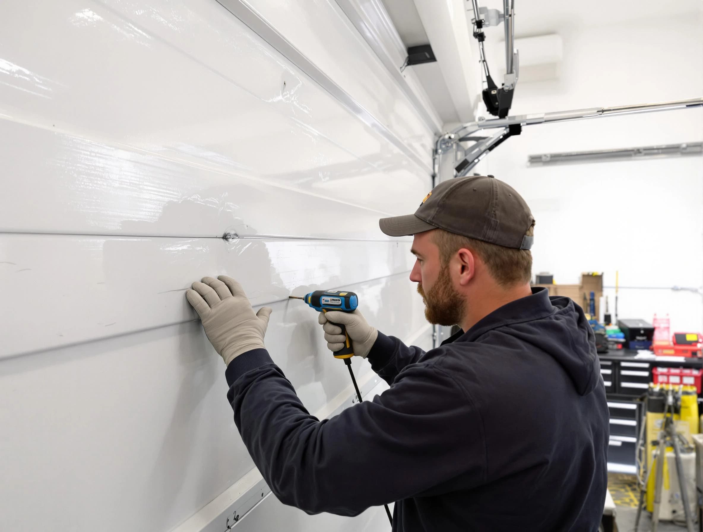 Branchburg Garage Door Repair technician demonstrating precision dent removal techniques on a Branchburg garage door